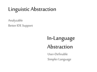 Linguistic Abstraction 
In-Language 
Abstraction 
User-Definable 
Simpler Language 
Analyzable 
Better IDE Support 
 