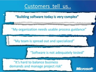Customers tell us..
• .      “Building software today is very complex”


       “My organization needs usable process guidance”


       “My team is is spread out and specialized”
        “My team spread out and specialized”


                   “Software is not adequately tested”

        “It’s hard to balance business
      demands and manage project risk”
 