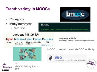 Trend: variety in MOOCs
• Pedagogy
• Many acronyms
– Confusing
 