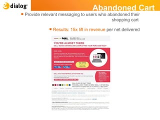 Abandoned Cart Provide relevant messaging to users who abandoned their shopping cart  Results: 15x lift in revenue  per net delivered 