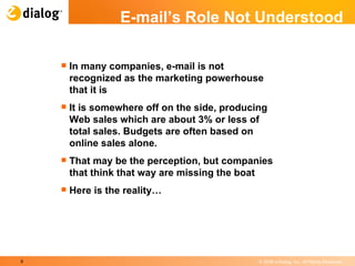E-mail’s Role Not Understood In many companies, e-mail is not recognized as the marketing powerhouse that it is It is somewhere off on the side, producing Web sales which are about 3% or less of total sales. Budgets are often based on online sales alone. That may be the perception, but companies that think that way are missing the boat Here is the reality… 