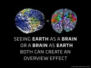 ERIKSCHOPPEN.COM
SEEING EARTH AS A BRAIN
OR A BRAIN AS EARTH
BOTH CAN CREATE AN
OVERVIEW EFFECT
=
 