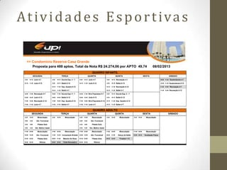 Atividades Esportivas

   >> Condomínio Reserva Casa Grande
      Proposta para 488 aptos, Total da Nota R$ 24.274,06 por APTO 49,74                                                                                                    08/02/2013
                                                                                             QUADRO INFANTIL
               SEGUNDA                               TERÇA                               QUARTA                                QUINTA                             SEXTA                             SÁBADO
 9:30   10:15   Judo 4-7              9:30   10:15   Escola Esp. 4 - 7    9:30   10:15   Judo 4-7              9:30    10:15   Recreação 4-7                                          10:00 11:30   *Sustentáveis 4-7
10:15   11:30   Judo 8-12             9:30   10:15   Ballet 8-12          10:15 11:30    Judo 8-12             9:30    10:15   Ballet 8-12                                            10:00 11:30   Sustentáveis 8-12
                                     10:15   11:30   Esp. Quadra 8-12                                          10:15   11:30   Recreação 8-12                                         11:30 13:00   *Recreação 4-7
                                     10:15   11:30   Ballet 4-7                                                10:15   11:30   Ballet 4-7                                             11:30 13:00   Recreação 8-12
16:00   17:00   Recreação 4-7        16:00   17:00   Escola Esp. 4 - 7    16:00 17:00    Brin.Populares 4-7    9:30    10:15   Escola Esp. 4 - 7

16:00   16:45   Judo 8-12            16:00   16:45   Ballet 8-12          16:00 16:45    Judo 8-12             9:30    10:15   Ballet 8-12
17:00   18:00   Recreação 8-12       17:00   18:00   Esp. Quadra 8-12     17:00 18:00    Brin.Populares 8-12   10:15   11:30   Esp. Quadra 8-12

17:00   17:45   Judo 4-7             17:00   17:45   Ballet 4-7           17:00 17:45    Judo 4-7              10:15   11:30   Ballet 4-7


                                                                                              QUADRO ADULTO
           SEGUNDA                                   TERÇA                              QUARTA                                 QUINTA                             SEXTA                         SÁBADO
 6:30   10:30      Musculação         6:30   10:30       Musculação       6:30   10:30       Musculação        6:30    10:30       Musculação      6:30   10:30     Musculação
 8:00   8:30      Gin. Funcional                                          8:00   8:30      Gin. Funcional
 8:30   9:00       Pilates Solo                                           8:30   9:00        Pilates Solo
 9:00   9:30     Gin. Melhor Idade                                        9:00   9:30     Gin. Melhor Idade
17:00   22:00      Musculação        17:00   22:00       Musculação       17:00 22:00        Musculação        17:00   22:00       Musculação      17:00 22:00      Musculação
19:00   19:30     Gin. Funcional     17:00   18:30   Computação M.Idade 19:00 19:30        Gin. Funcional      20:00   21:00     Dança de Salão    19:00 20:30    *Avaliação Fìsica
19:30   20:00      Pilates Solo      20:00   21:00     Metodo De Rose     19:30 20:00        Pilates Solo      20:30   22:00       *Futebol +13
20:00   20:30         Ritmos         20:00   22:00    *Volei Recreativo   20:00 20:30          Ritmos

                                                                                               IMPORTANTE
                                                                                   *Coordenador Auxiliar das 19:00 às 22:00

                                 *Atividades/Cargos cortesias, vinculados a um número mínimo de alunos, sem direito a troca por outras atividades ou cargos

                Grade calculada seguindo o calendário escolar, portanto não tendo atividade nos feriados e suas emandas, caso contrário a grade deverá ser recalculada
 