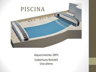 PISCINA




    Aquecimento 28ºC
    Cobertura Retrátil
       Uso pleno
 