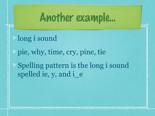 Another example...
long i sound
pie, why, time, cry, pine, tie
Spelling pattern is the long i sound
spelled ie, y, and i_e
 