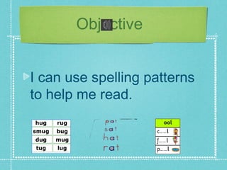 Objective


I can use spelling patterns
to help me read.
 