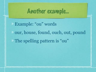 Another example...

Example: “ou” words
our, house, found, ouch, out, pound
The spelling pattern is “ou”
 