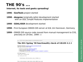 ©MarkusNeteler2013,CC-BY-SA
THE 90's ...
Internet, its tools and geeks spreading!
1996 – GeoTools project started
1998 – d...