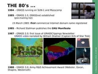 ©MarkusNeteler2013,CC-BY-SA
THE 80's ...
1984 – GRASS running on SUN-1 and Masscomp
1985 – GRASS 1.0, GRASSnet established...