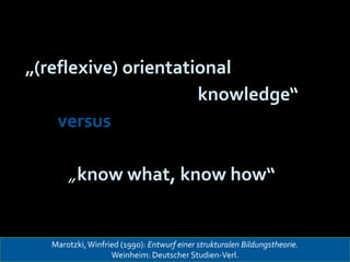 „(reflexive) orientational<br />knowledge“<br />versus<br />„know what, know how“<br />Marotzki, Winfried (1990): Entwurf ...