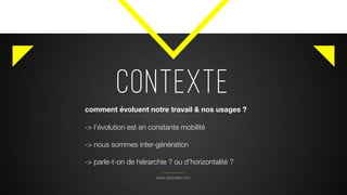 CONTEXTE
www.citronbien.com
comment évoluent notre travail & nos usages ?
-> l’évolution est en constante mobilité
-> nous sommes inter-génération
-> parle-t-on de hiérarchie ? ou d’horizontalité ?
 