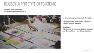 réaliser un prototype qui fonctionne
réfléchir pour construire
ou construire pour réfléchir ?
www.citronbien.com
Le process augmente avec le Prototype. 
 
1°) comprendre les forces & faiblesses
2°) faire évoluer les idées
Avantage :
L’économie de moyens : pas de bureau /
pas de machines / pas de contraintes
 