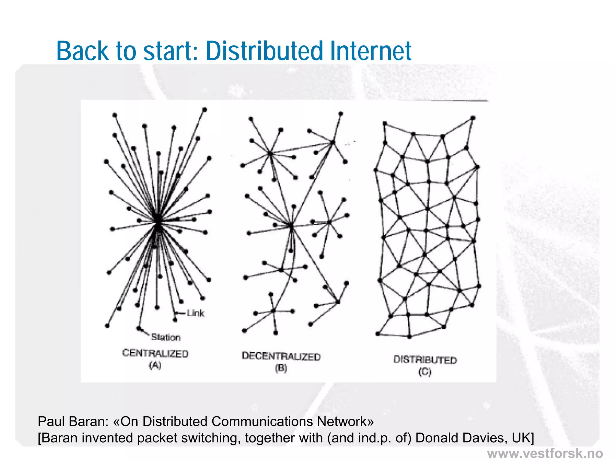 www.vestforsk.no
Back to start: Distributed Internet
Paul Baran: «On Distributed Communications Network»
[Baran invented packet switching, together with (and ind.p. of) Donald Davies, UK]
 
