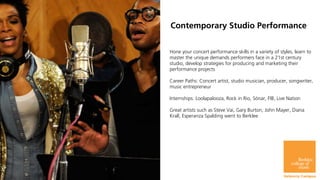Contemporary Studio Performance


Hone your concert performance skills in a variety of styles, learn to
master the unique ...