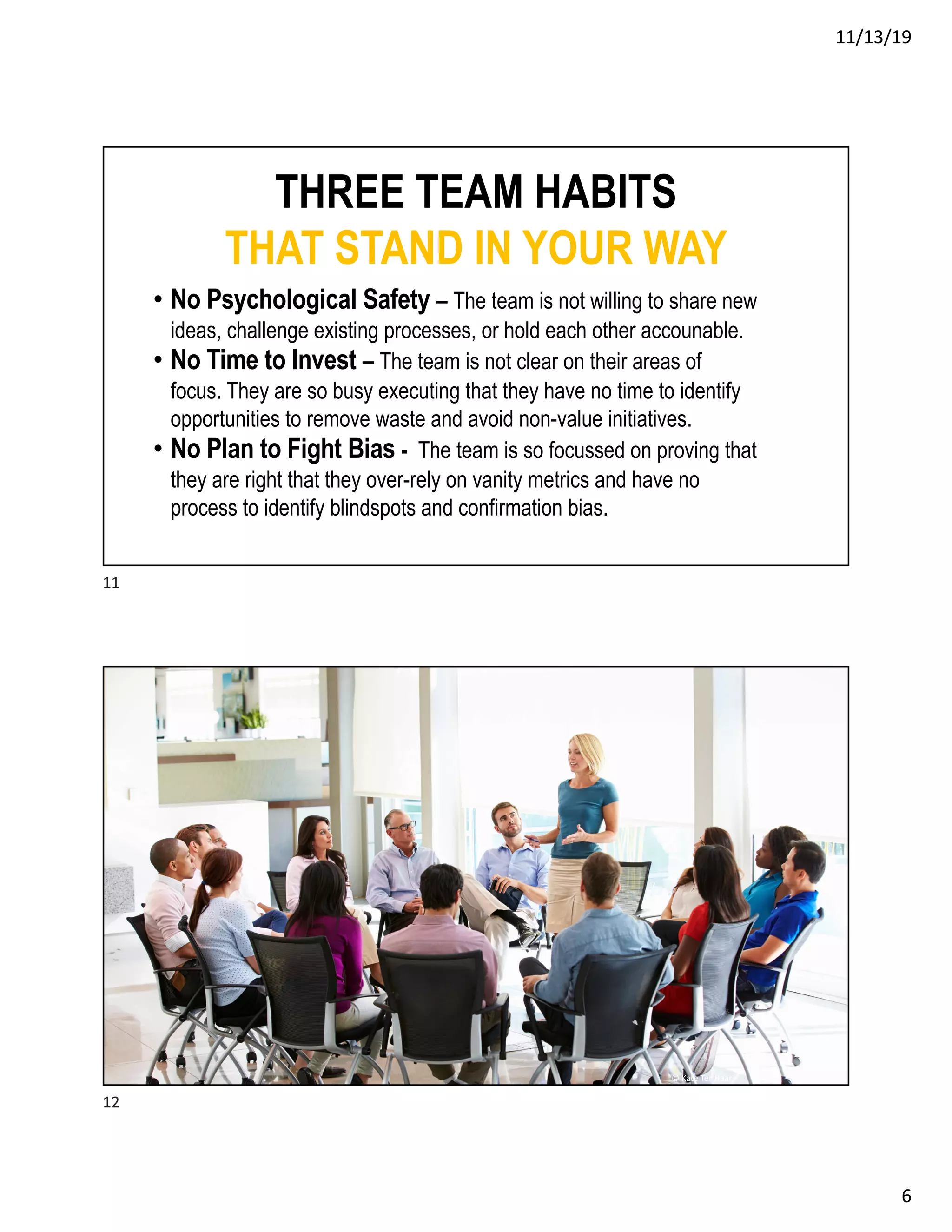 11/13/19
6
• No Psychological Safety – The team is not willing to share new
ideas, challenge existing processes, or hold each other accounable.
• No Time to Invest – The team is not clear on their areas of
focus. They are so busy executing that they have no time to identify
opportunities to remove waste and avoid non-value initiatives.
• No Plan to Fight Bias - The team is so focussed on proving that
they are right that they over-rely on vanity metrics and have no
process to identify blindspots and confirmation bias.
THREE TEAM HABITS
THAT STAND IN YOUR WAY
11
© Kate Ter Haar
12