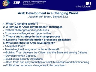 Zentrum für Entwicklungsforschung
        ZEF     Center for Development Research
                University of Bonn




            Arab Development in a Changing World
                         Joachim von Braun, Beirut 6.2.12

1. What “Changing World”?
2. A Review of “Arab development” challenges
- Political challenges and opportunities
- Economic challenges and opportunities
3. Theory and strategy in the change process
4. Lessons from transformation processes elsewhere
5. What priorities for Arab development?
- A Marshall Plan?
- Toward regional integration in the Arab world?
---Building Trust between the Citizen and the State and among Citizens
---Develop Human Capacity
---Build social security institutions
---Open trade and easy formation of small businesses and their financing
---Political and economic change are to be combined
 