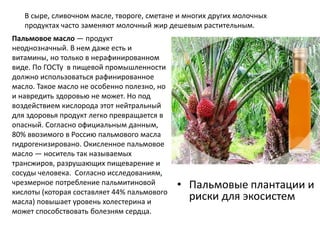 • Пальмовые плантации и
риски для экосистем
В сыре, сливочном масле, твороге, сметане и многих других молочных
продуктах часто заменяют молочный жир дешевым растительным.
Пальмовое масло — продукт
неоднозначный. В нем даже есть и
витамины, но только в нерафинированном
виде. По ГОСТу в пищевой промышленности
должно использоваться рафинированное
масло. Такое масло не особенно полезно, но
и навредить здоровью не может. Но под
воздействием кислорода этот нейтральный
для здоровья продукт легко превращается в
опасный. Согласно официальным данным,
80% ввозимого в Россию пальмового масла
гидрогенизировано. Окисленное пальмовое
масло — носитель так называемых
трансжиров, разрушающих пищеварение и
сосуды человека. Согласно исследованиям,
чрезмерное потребление пальмитиновой
кислоты (которая составляет 44% пальмового
масла) повышает уровень холестерина и
может способствовать болезням сердца.
 