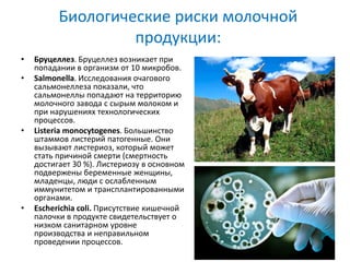Биологические риски молочной
продукции:
• Бруцеллез. Бруцеллез возникает при
попадании в организм от 10 микробов.
• Salmonella. Исследования очагового
сальмонеллеза показали, что
сальмонеллы попадают на территорию
молочного завода с сырым молоком и
при нарушениях технологических
процессов.
• Listeria monocytogenes. Большинство
штаммов листерий патогенные. Они
вызывают листериоз, который может
стать причиной смерти (смертность
достигает 30 %). Листериозу в основном
подвержены беременные женщины,
младенцы, люди с ослабленным
иммунитетом и трансплантированными
органами.
• Escherichia coli. Присутствие кишечной
палочки в продукте свидетельствует о
низком санитарном уровне
производства и неправильном
проведении процессов.
 