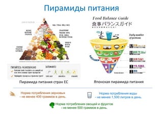 Пирамиды питания
Пирамида питания стран ЕС Японская пирамида питания
Норма потребления овощей и фруктов
- не менее 500 граммов в день.
Норма потребления зерновых
- не менее 400 граммов в день.
Норма потребления воды
- не менее 1,500 литров в день.
 