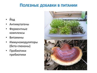 ПОЛЕЗНЫЕ ДОБАВКИ В ПИТАНИИ
• Йод
• Антимутагены
• Ферментные
комплексы
• Витамины
• Иммуномодуляторы
(бета-глюканы)
• Пробиотики
пребиотики
 