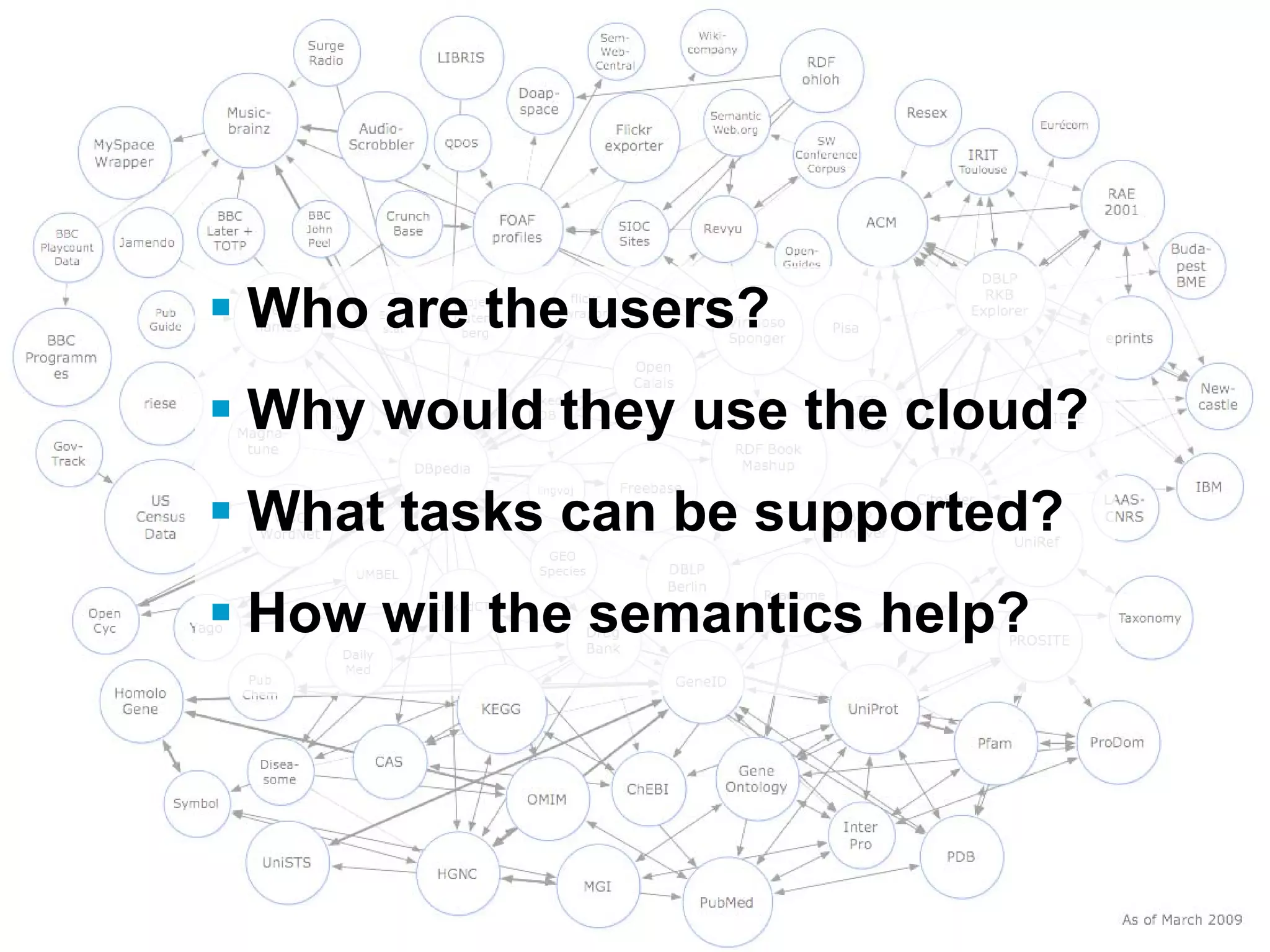 Who are the users?
               Why would they use the cloud?
               What tasks can be supported?
               How will the semantics help?




04/08/2009 -      Multimedia Semantics: Metadata, Analysis and Interaction - LACNEM 2009   - 45
 