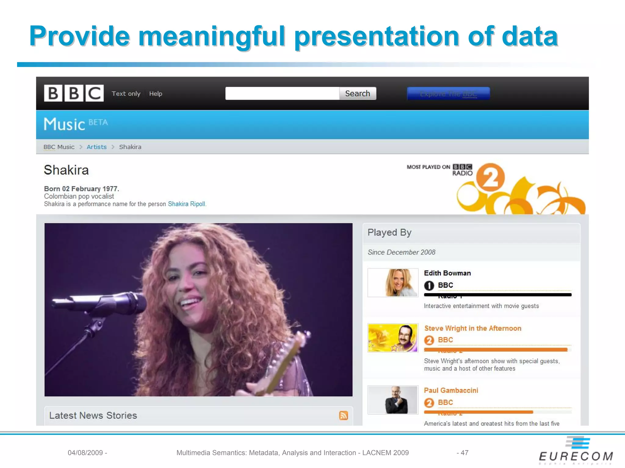 Provide meaningful presentation of data




  04/08/2009 -   Multimedia Semantics: Metadata, Analysis and Interaction - LACNEM 2009   - 47
 