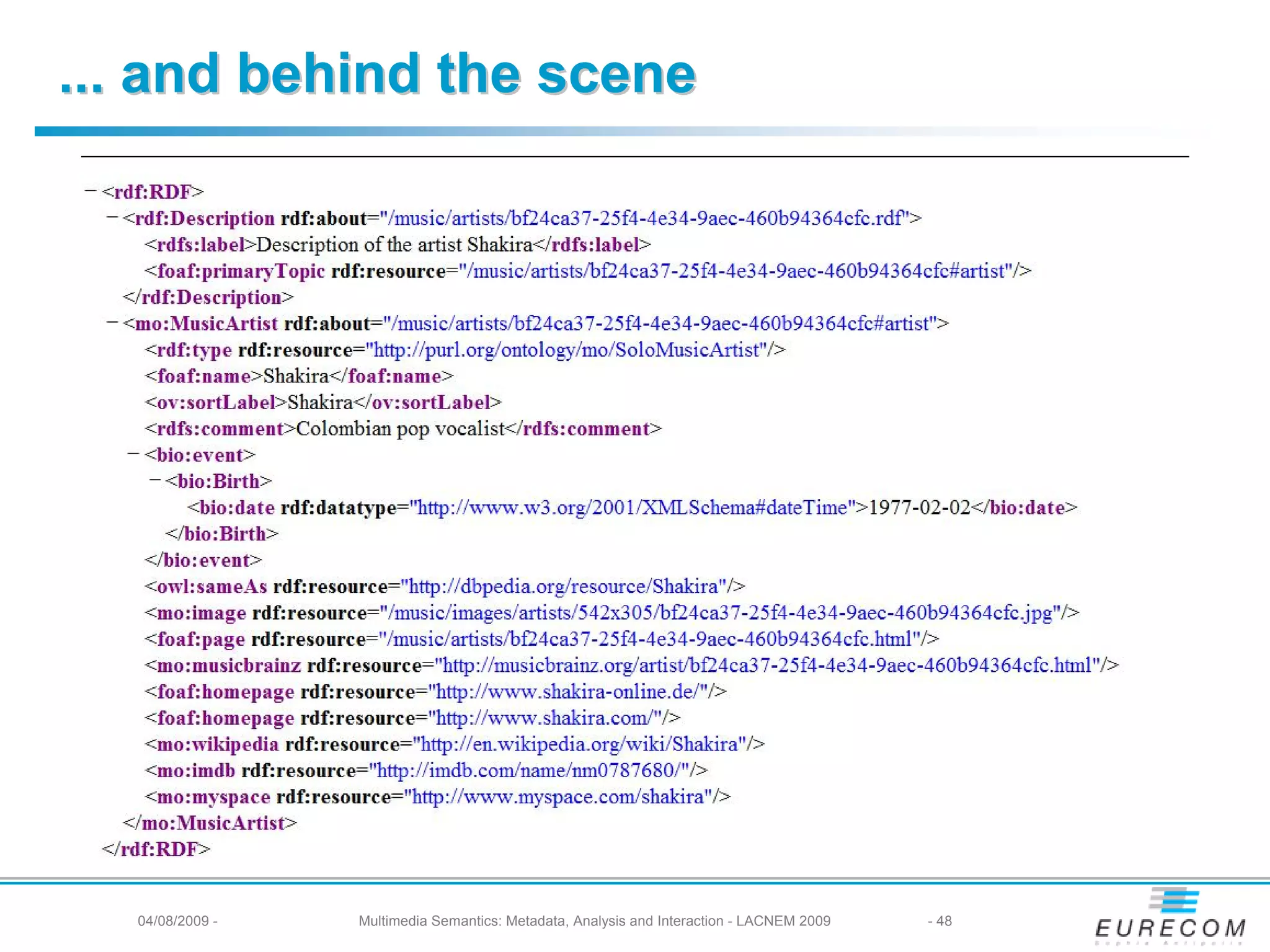 ... and behind the scene




  04/08/2009 -   Multimedia Semantics: Metadata, Analysis and Interaction - LACNEM 2009   - 48
 