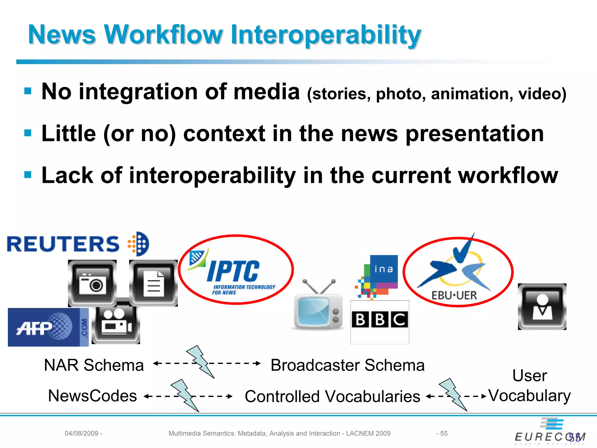 News Workflow Interoperability

 No integration of media (stories, photo, animation, video)
 Little (or no) context in the news presentation
 Lack of interoperability in the current workflow




 NAR Schema                                       Broadcaster Schema
                                                                                                    User
 NewsCodes                               Controlled Vocabularies                                  Vocabulary

   04/08/2009 -   Multimedia Semantics: Metadata, Analysis and Interaction - LACNEM 2009   - 55
                                                                                                           55
 