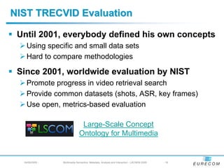 NIST TRECVID Evaluation

 Until 2001, everybody defined his own concepts
   Using specific and small data sets
   Hard to compare methodologies

 Since 2001, worldwide evaluation by NIST
   Promote progress in video retrieval search
   Provide common datasets (shots, ASR, key frames)
   Use open, metrics-based evaluation

                               Large-Scale Concept
                              Ontology for Multimedia


  04/08/2009 -   Multimedia Semantics: Metadata, Analysis and Interaction - LACNEM 2009   - 16
 