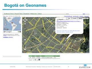 Bogotá on Geonames




  04/08/2009 -   Multimedia Semantics: Metadata, Analysis and Interaction - LACNEM 2009   - 38
 