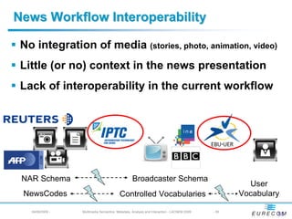 News Workflow Interoperability

 No integration of media (stories, photo, animation, video)
 Little (or no) context in the news presentation
 Lack of interoperability in the current workflow




 NAR Schema                                       Broadcaster Schema
                                                                                                    User
 NewsCodes                               Controlled Vocabularies                                  Vocabulary

   04/08/2009 -   Multimedia Semantics: Metadata, Analysis and Interaction - LACNEM 2009   - 55
                                                                                                           55
 