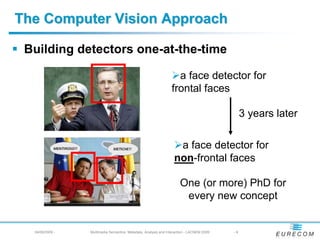 The Computer Vision Approach

 Building detectors one-at-the-time

                                                                  a face detector for
                                                                frontal faces

                                                                                               3 years later

                                                                   a face detector for
                                                                  non-frontal faces

                                                                     One (or more) PhD for
                                                                      every new concept


  04/08/2009 -   Multimedia Semantics: Metadata, Analysis and Interaction - LACNEM 2009   -9
 