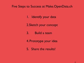 Five Steps to Success at Make.OpenData.ch


         1. Identify your data

         2.Sketch your concept

         3.    Build a team

         4. Prototype your idea

         5. Share the results!


                                            16
 