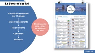 Entreprise recentrée 
sur l’humain 
Vision transparente 
Raison d’être 
Confiance 
Initiative 
Bien instaurée, 
cette culture 
est soutenue 
par tous. 
La Semaine des RH 
karelab.com 
 