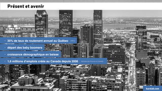 Présent et avenir 
• 70% des employés se disent non engagés 
• 14% se disent activement désengagés 
• 35% de taux de roulement annuel au Québec 
(EREQ) 
• 50 milliards $ c’est le coût du désengagement des employés au Canada 
• départ des baby boomers 
• Le taux de roulement coûte 1,2 milliard $ chaque année 
• croissance démographique en baisse 
• Remplacer quelqu’un coûte entre 1/2 et 2 1/2 fois son salaire à l’année 
• 1,6 millions d’emplois créés au Canada depuis 2006 
(Ministère des Finances du Canada) 
• 50% des québécois disent manquer de reconnaissance au travail 
• 13% des travailleurs quitteront leur emploi dans les 6 prochains mois 
karelab.com 
 