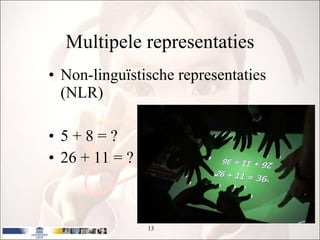 Multipele representaties Non-linguïstische representaties (NLR) 5 + 8 = ? 26 + 11 = ? 