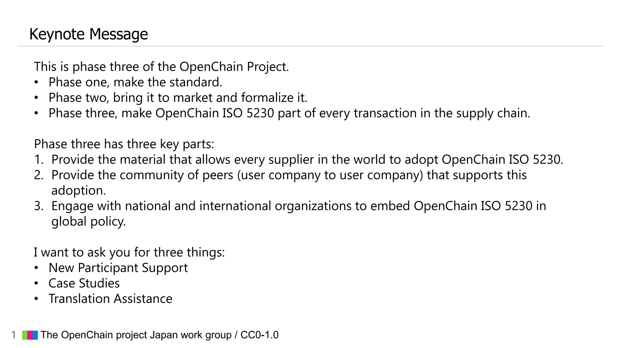1 ▇▇▇ The OpenChain project Japan work group / CC0-1.0
Keynote Message
This is phase three of the OpenChain Project.
• Phase one, make the standard.
• Phase two, bring it to market and formalize it.
• Phase three, make OpenChain ISO 5230 part of every transaction in the supply chain.
Phase three has three key parts:
1. Provide the material that allows every supplier in the world to adopt OpenChain ISO 5230.
2. Provide the community of peers (user company to user company) that supports this
adoption.
3. Engage with national and international organizations to embed OpenChain ISO 5230 in
global policy.
I want to ask you for three things:
• New Participant Support
• Case Studies
• Translation Assistance