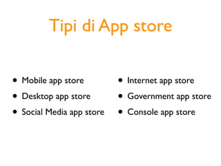 Tipi di App store

• Mobile app store       • Internet app store
• Desktop app store      • Government app store
• Social Media app store • Console app store
 