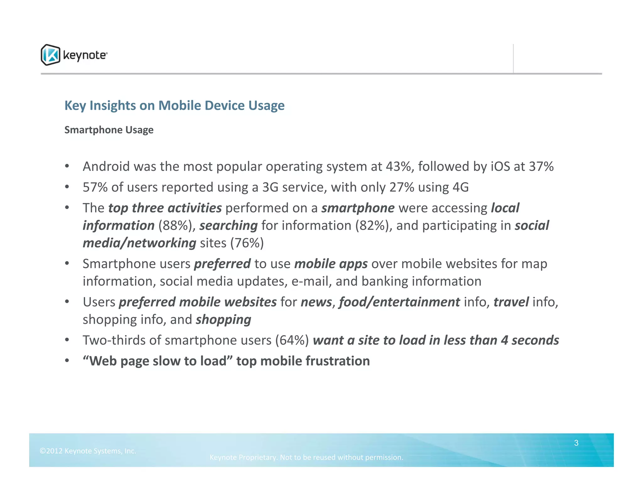 Key Insights on Mobile Device Usage
       Smartphone Usage


       • Android was the most popular operating system at 43%, followed by iOS at 37%
       • 57% of users reported using a 3G service, with only 27% using 4G
       • The top three activities performed on a smartphone were accessing local 
         information (88%), searching for information (82%), and participating in social 
         media/networking sites (76%)
       • Smartphone users preferred to use mobile apps over mobile websites for map 
         information, social media updates, e‐mail, and banking information
       • Users preferred mobile websites for news, food/entertainment info, travel info, 
         shopping info, and shopping
       • Two‐thirds of smartphone users (64%) want a site to load in less than 4 seconds
       • “Web page slow to load” top mobile frustration




                                                                                            3
©2012 Keynote Systems, Inc. 
                               Keynote Proprietary. Not to be reused without permission.
 