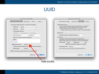 7. FileMaker Konferenz | Salzburg | 13.-15. Oktober 2016
Migration und Synchronisation | Holger Darjus & Jörg Köster
UUID
Hole (UUID)
 