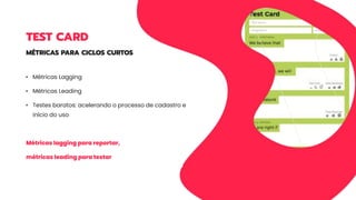 • Métricas Lagging
• Métricas Leading
• Testes baratos: acelerando o processo de cadastro e
início do uso
Métricas lagging para reportar,
métricas leading para testar
MÉTRICAS PARA CICLOS CURTOS
TEST CARD
 