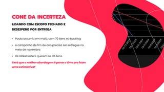 • Paula assumiu em maio, com 70 itens no backlog
• A campanha de fim de ano precisa ser entregue no
meio de novembro
• Os stakeholders querem os 70 itens.
Será que a melhor abordagem é parar o time pra fazer
uma estimativa?
LIDANDO COM ESCOPO FECHADO E
DESESPERO POR ENTREGA
CONE DA INCERTEZA
 