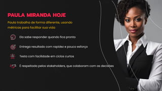 PAULA MIRANDA HOJE
Ela sabe responder quando fica pronto
Entrega resultado com rapidez e pouco esforço
Testa com facilidade em ciclos curtos
É respeitada pelos stakeholders, que colaboram com as decisões
Paula trabalha de forma diferente, usando
métricas para facilitar sua vida
 