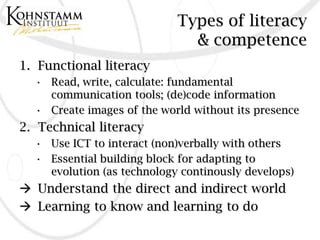 Types of literacy
                              & competence
1. Functional literacy
  • Read, write, calculate: fundamental
    communication tools; (de)code information
  • Create images of the world without its presence
2. Technical literacy
  • Use ICT to interact (non)verbally with others
  • Essential building block for adapting to
    evolution (as technology continously develops)
 Understand the direct and indirect world
 Learning to know and learning to do
 