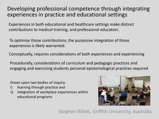 Developing professional competence through integrating experiences in practice and educational settings 
Stephen Billett, Griffith University, Australia 
Experiences in both educational and healthcare settings make distinct contributions to medical training, and professional education. 
To optimise those contributions, the purposive integration of those experiences is likely warranted. 
Conceptually, requires considerations of both experiences and experiencing 
Draws upon two bodies of inquiry: 
i)learning through practice and 
ii)integration of workplace experiences within educational programs 
Procedurally, considerations of curriculum and pedagogic practices and engaging and exercising students personal epistemological practices required  