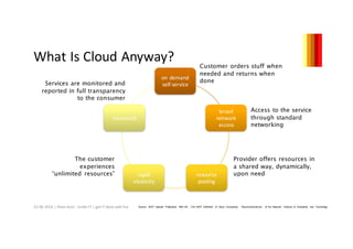 What Is Cloud	Anyway?
on	demand	
self-service
broad	
network	
access
resource	
pooling
rapid	
elasticity
measured
Customer orders stuff when
needed and returns when
done
Access to the service
through standard
networking
Source: NIST Special Publication 800-145 „The NIST Definition of Cloud Computing“, Recommendations of the National Institute of Standards and Technology
Provider offers resources in
a shared way, dynamically,
upon need
The customer
experiences
“unlimited resources”
Services are monitored and
reported in full transparency
to the consumer
23.06.2016 |	thom	Kunz	- Smile-IT	|	get	IT	done	with	fun
 