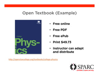 @txtbks | sparc.arl.org 	 
Open Textbook (Example) 
• Free online 
• Free PDF 
• Free ePub 
• Print $49.73 
• Instructor can adapt 
and distribute 
http://openstaxcollege.org/textbooks/college-physics 
 