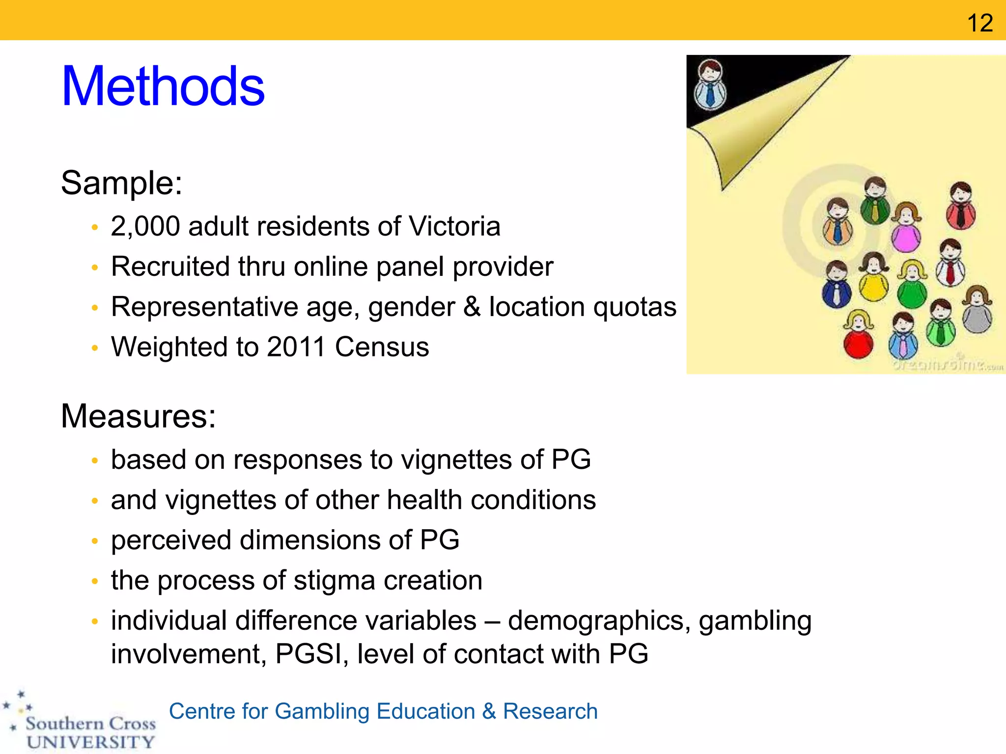 Centre for Gambling Education & Research
Methods
Sample:
• 2,000 adult residents of Victoria
• Recruited thru online panel provider
• Representative age, gender & location quotas
• Weighted to 2011 Census
Measures:
• based on responses to vignettes of PG
• and vignettes of other health conditions
• perceived dimensions of PG
• the process of stigma creation
• individual difference variables – demographics, gambling
involvement, PGSI, level of contact with PG
12
 