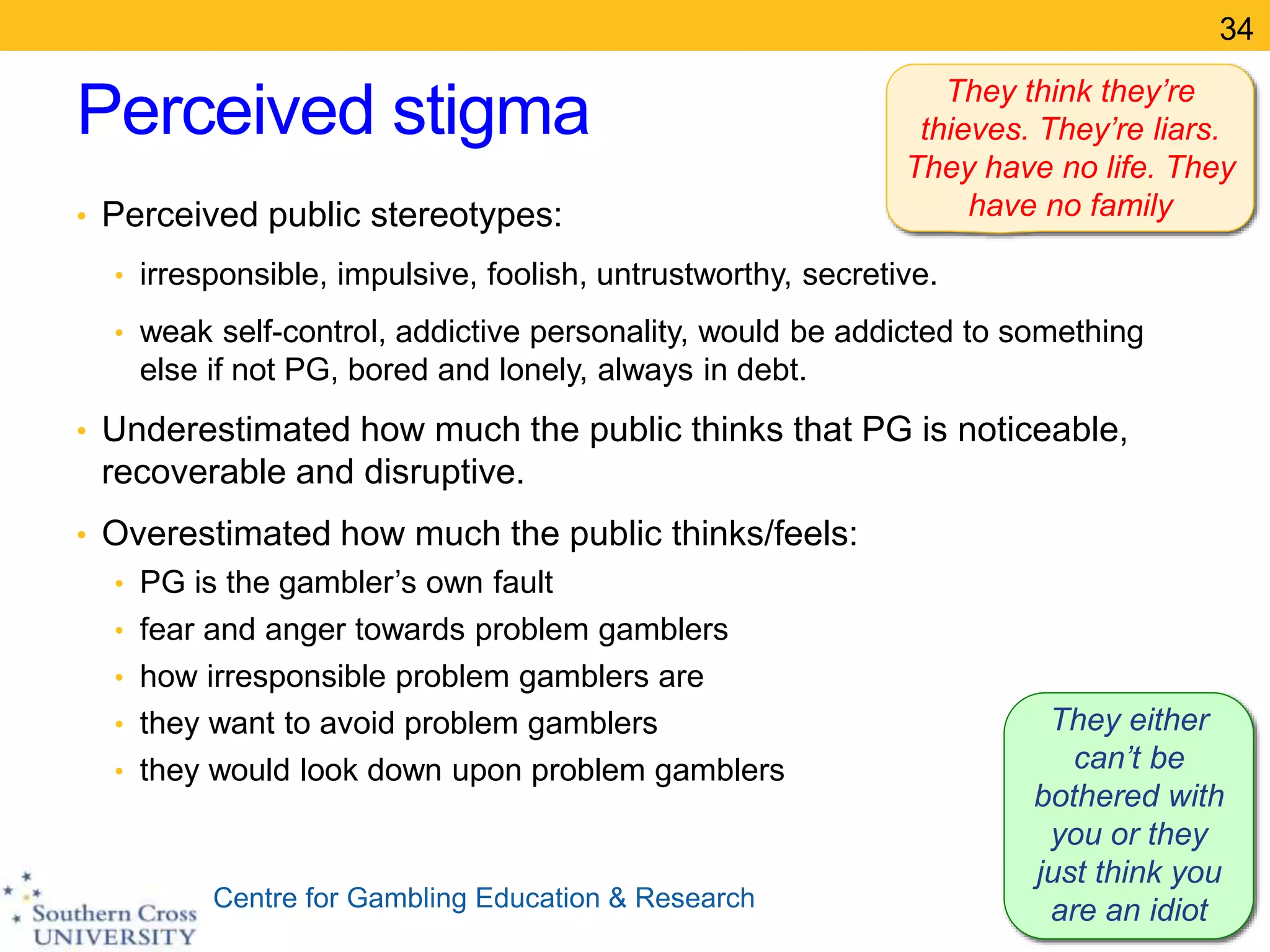 Centre for Gambling Education & Research
Perceived stigma
• Perceived public stereotypes:
• irresponsible, impulsive, foolish, untrustworthy, secretive.
• weak self-control, addictive personality, would be addicted to something
else if not PG, bored and lonely, always in debt.
• Underestimated how much the public thinks that PG is noticeable,
recoverable and disruptive.
• Overestimated how much the public thinks/feels:
• PG is the gambler’s own fault
• fear and anger towards problem gamblers
• how irresponsible problem gamblers are
• they want to avoid problem gamblers
• they would look down upon problem gamblers
34
They either
can’t be
bothered with
you or they
just think you
are an idiot
They think they’re
thieves. They’re liars.
They have no life. They
have no family
 