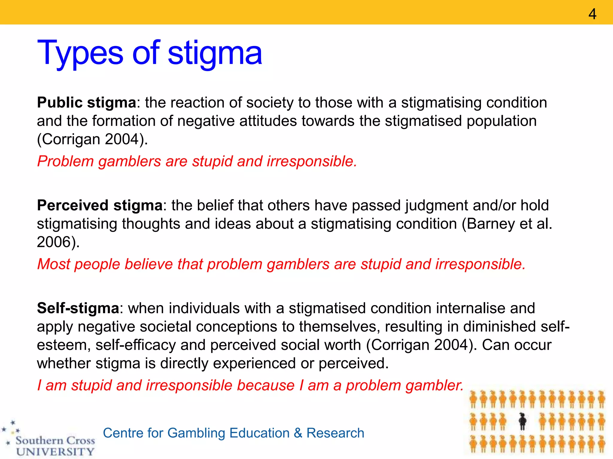 Centre for Gambling Education & Research
Types of stigma
Public stigma: the reaction of society to those with a stigmatising condition
and the formation of negative attitudes towards the stigmatised population
(Corrigan 2004).
Problem gamblers are stupid and irresponsible.
Perceived stigma: the belief that others have passed judgment and/or hold
stigmatising thoughts and ideas about a stigmatising condition (Barney et al.
2006).
Most people believe that problem gamblers are stupid and irresponsible.
Self-stigma: when individuals with a stigmatised condition internalise and
apply negative societal conceptions to themselves, resulting in diminished self-
esteem, self-efficacy and perceived social worth (Corrigan 2004). Can occur
whether stigma is directly experienced or perceived.
I am stupid and irresponsible because I am a problem gambler.
4
 